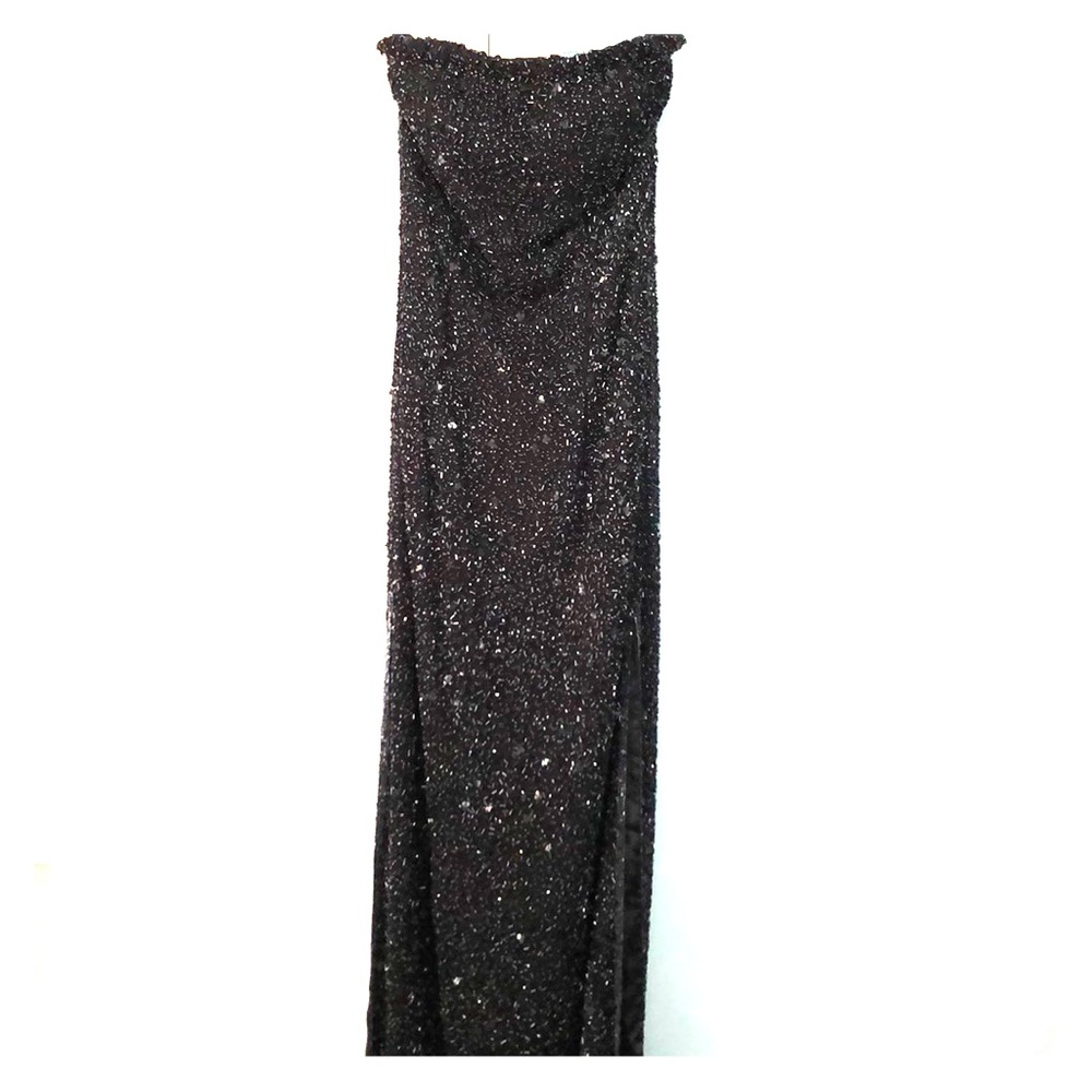 Strapless black beaded with side slits prom dress